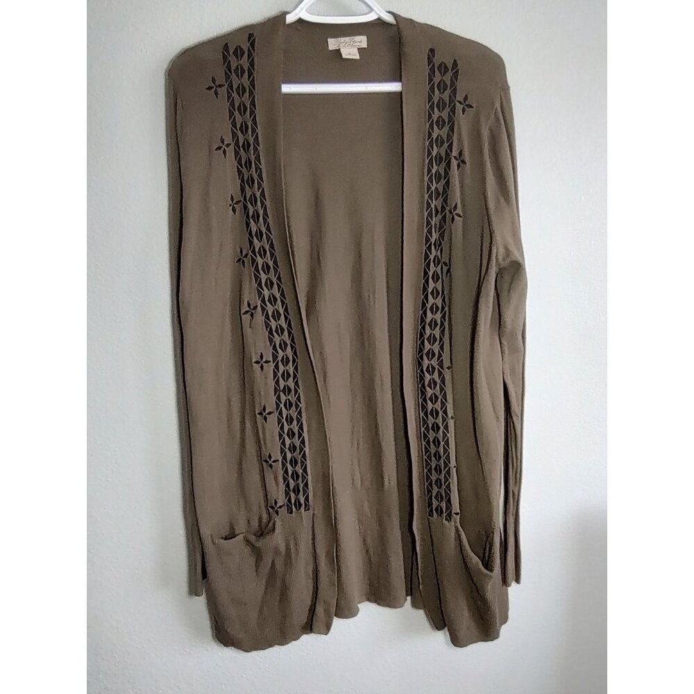 Lucky Brand Sz XL Women's Olive Green Long Open Sweater Cardigan Pockets